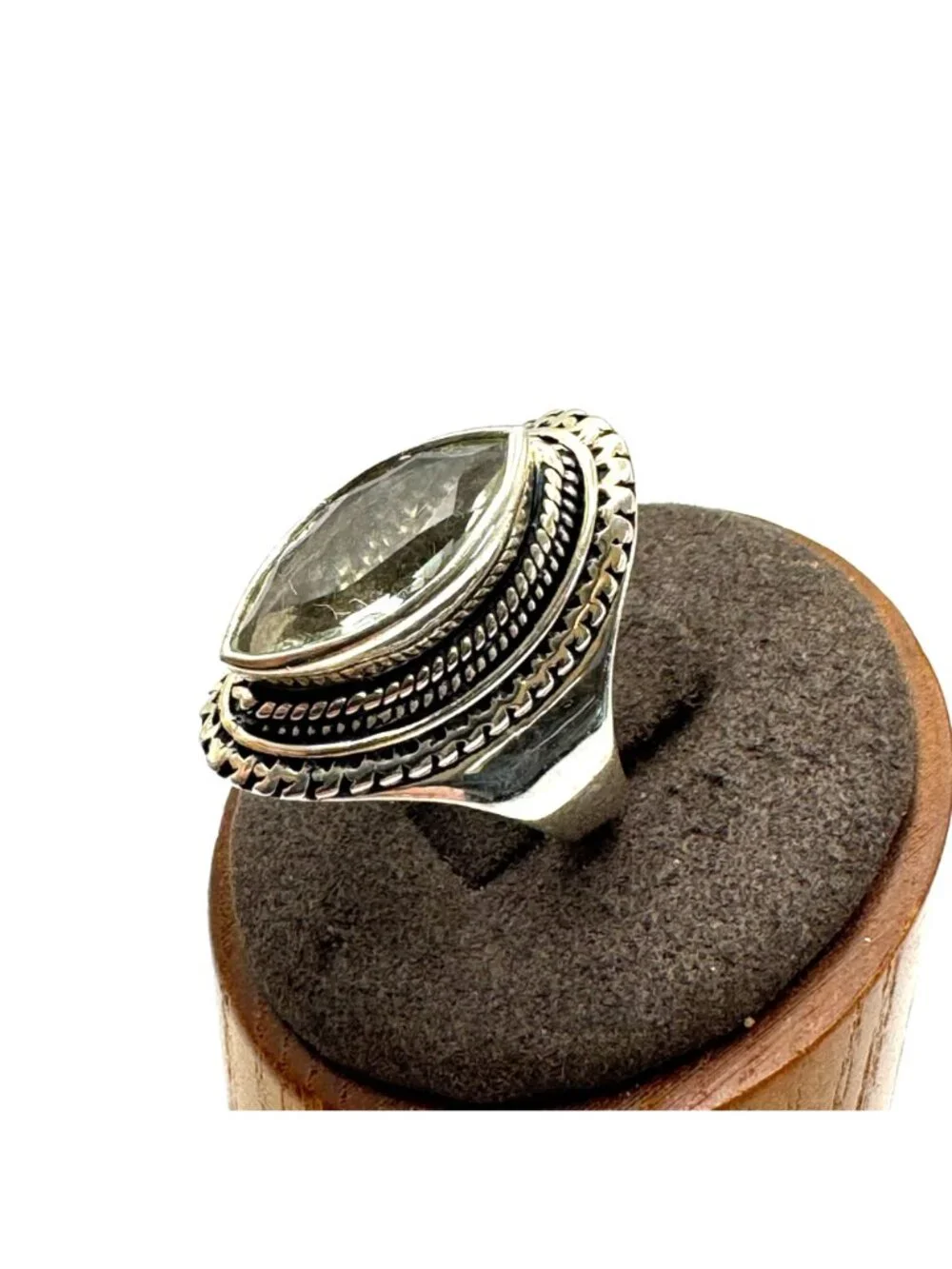 Marquise Pale Green Quartz Bezel Set Sterling Silver Statement Ring Size 7.75